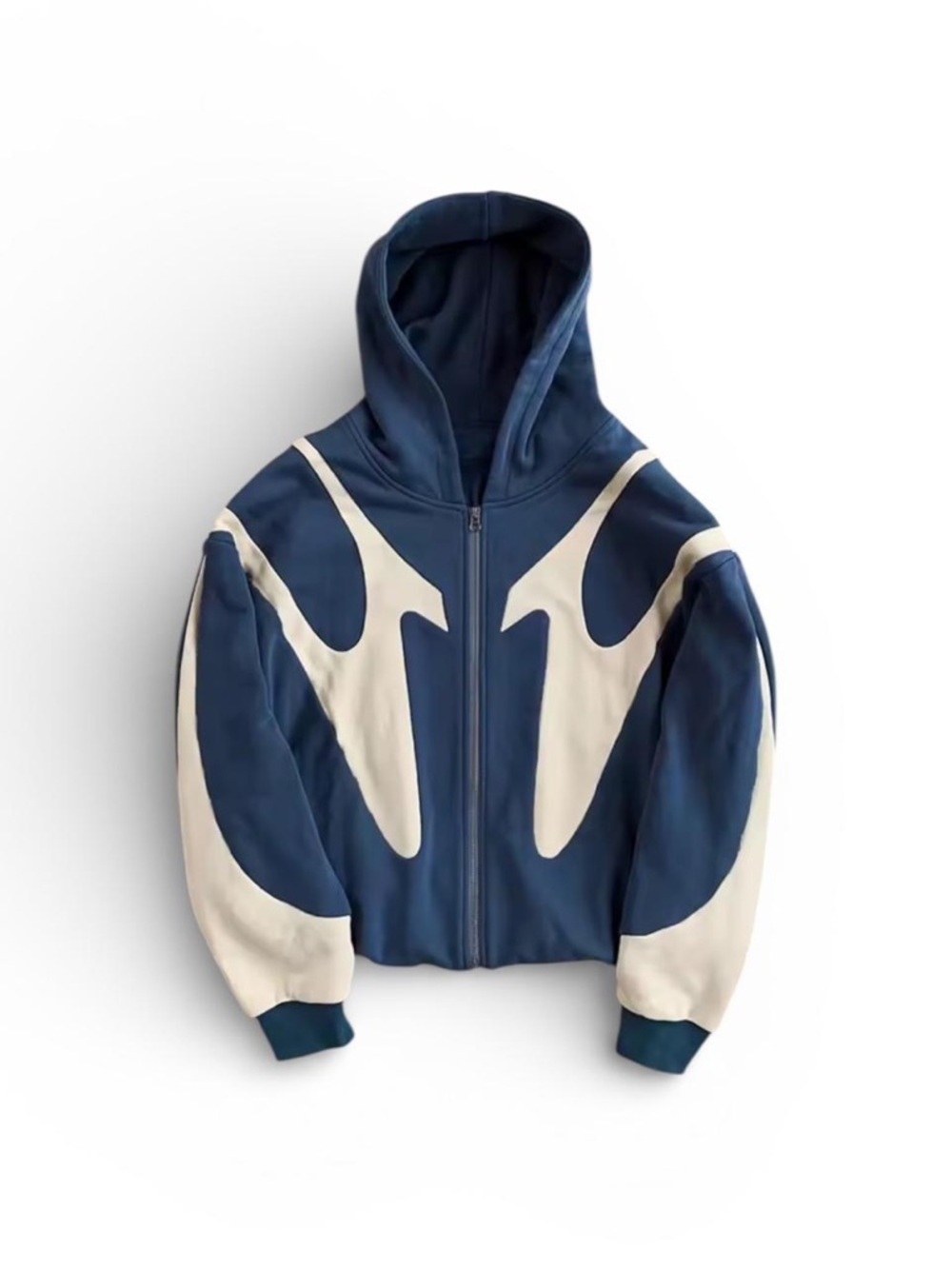 Blue and Cream Graphic Zip-Up Hoodie